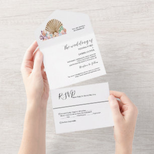 Coral & Seashell beach Wedding All In One Invitation