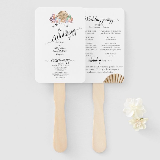Coral & Seashell beach Wedding Hand Fan (Front and Back)