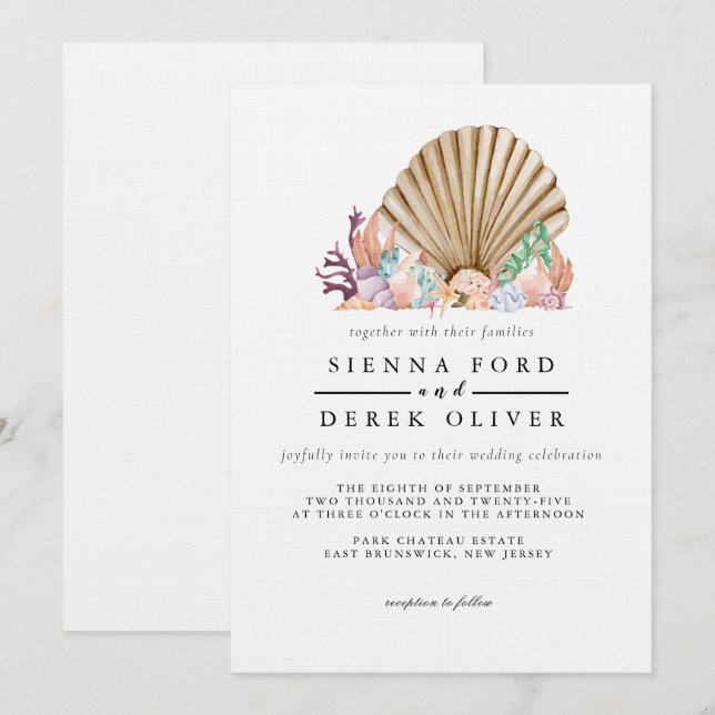 Coral & Seashell beach Wedding Invitation (Front/Back)