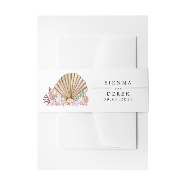 Coral & Seashell beach Wedding Invitation Belly Band (Front Example)