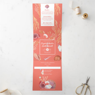 Coral & Seashells Beach All in One Wedding Tri-Fold Invitation