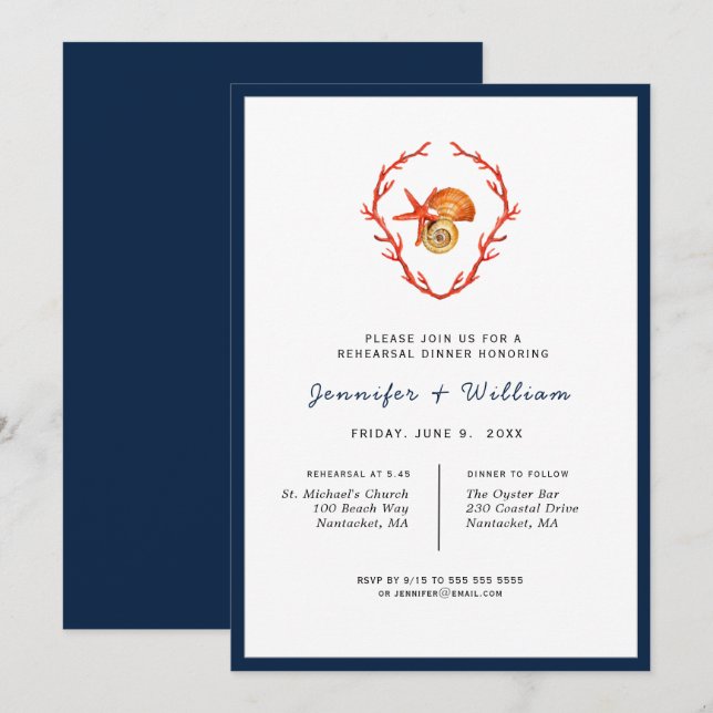 Coral & seashells Rehearsal Dinner Invitation (Front/Back)