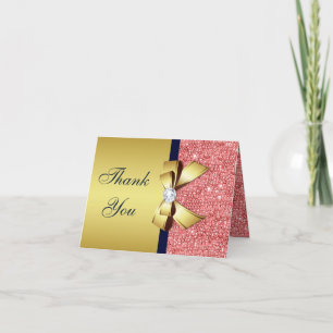 Coral Sequins Gold Navy Diamonds Bow Thank You Card