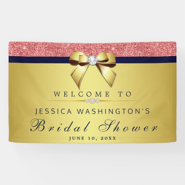 Coral Sequins Navy Gold Diamonds Bow Bridal Shower Banner (Horizontal)