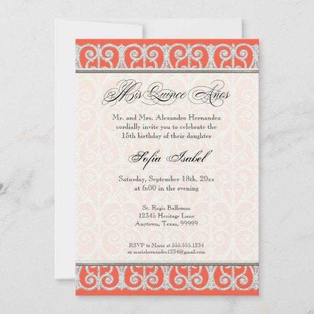 Coral & Silver, Diamonds & Lace, Mis Quince Anos Invitation (Front)