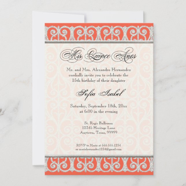 Coral & Silver, Diamonds & Lace, Mis Quince Anos Invitation (Front)