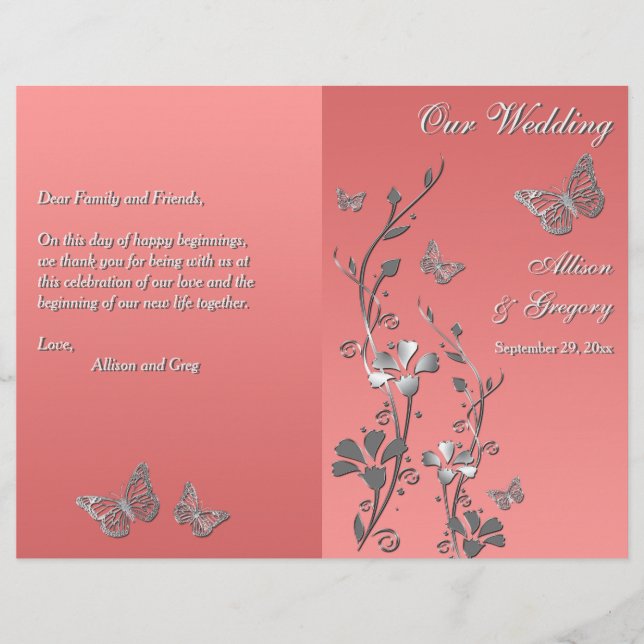 Coral Silver Grey Butterfly Floral Wedding Program (Front)