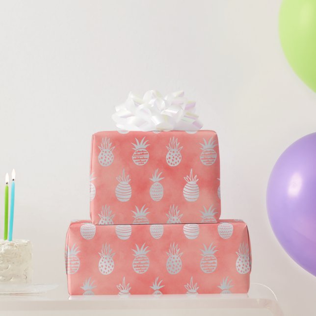 Coral & Silver Pineapple | Tropical Summer Luxe Wrapping Paper (Party Gifts)