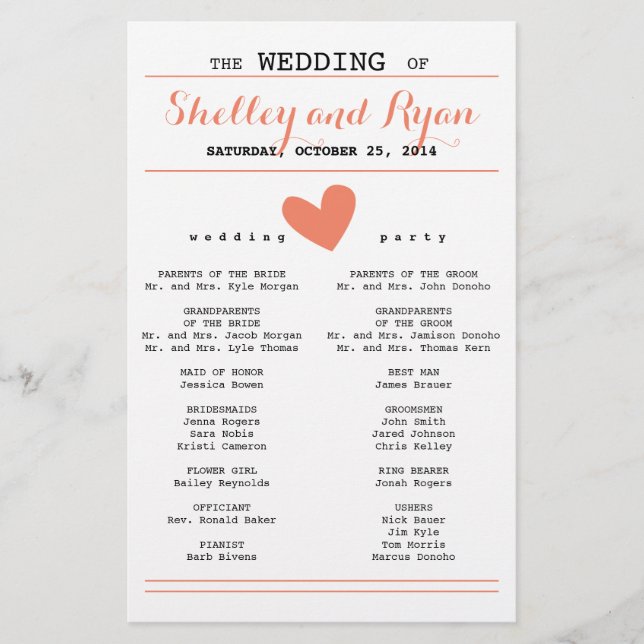 Coral Simple Heart Wedding Programme (Devant)