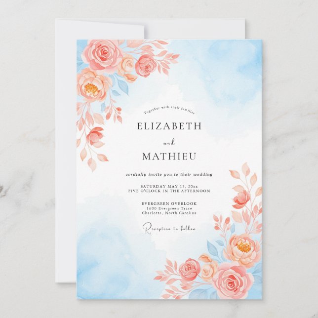 Coral Sky Botanical Romance Wedding Invitation (Front)