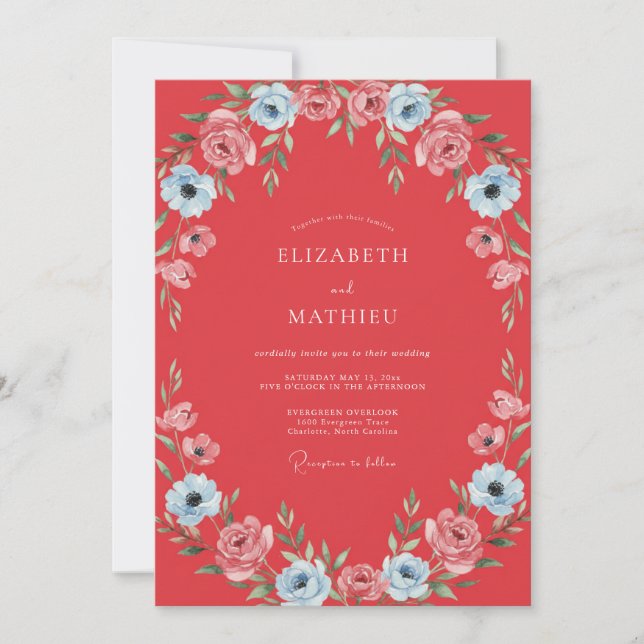Coral Sky Ranunculus Muted Eucalyptus Wedding Invitation (Front)