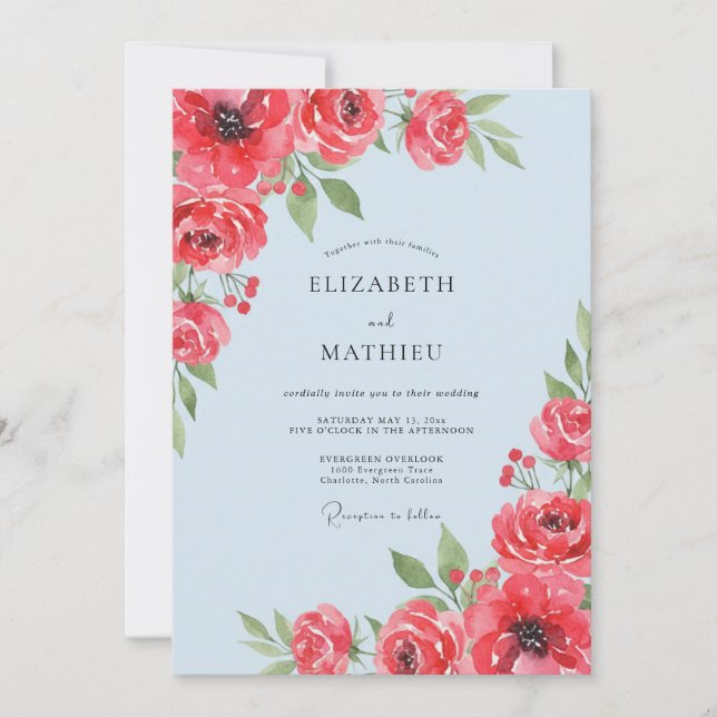 Coral Sky Ranunculus Soft Eucalyptus Wedding Invitation (Front)