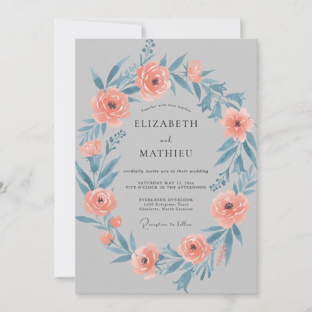 Coral Slate Wreath Wedding Invitation (Front)