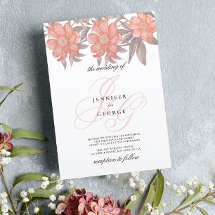 Coral soft grey monogram initials floral wedding invitation