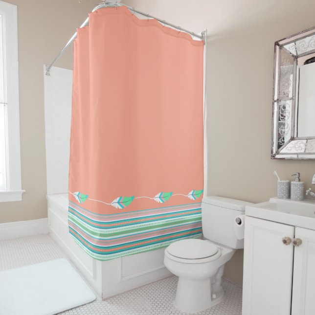 Coral Southwestern Feathers Shower Curtain (In Situ)