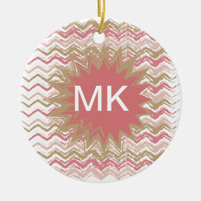 Coral Spice Scribble ZigZag Chevron Pattern Ceramic Ornament (Front)