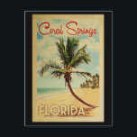 Coral Springs Palm Tree Vintage Travel Postcard<br><div class="desc">A uniquely retro mid-century modern Coral Springs Florida art print in vintage travel poster style. It features a curved palm tree on sandy beach with ocean under a blue cloudy sky.</div>