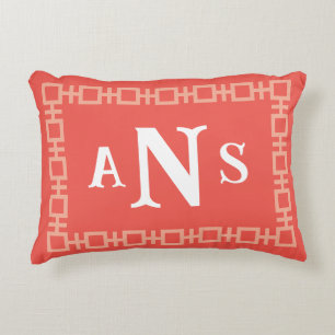 Coral Square Greek Key Monogram Accent Pillow