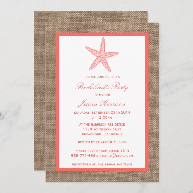 Coral Starfish Beach Burlap Bachelorette Party Invitation (Front/Back)