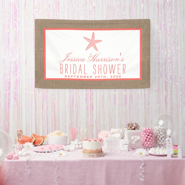 Coral Starfish Beach Burlap Bridal Shower Banner (Party)