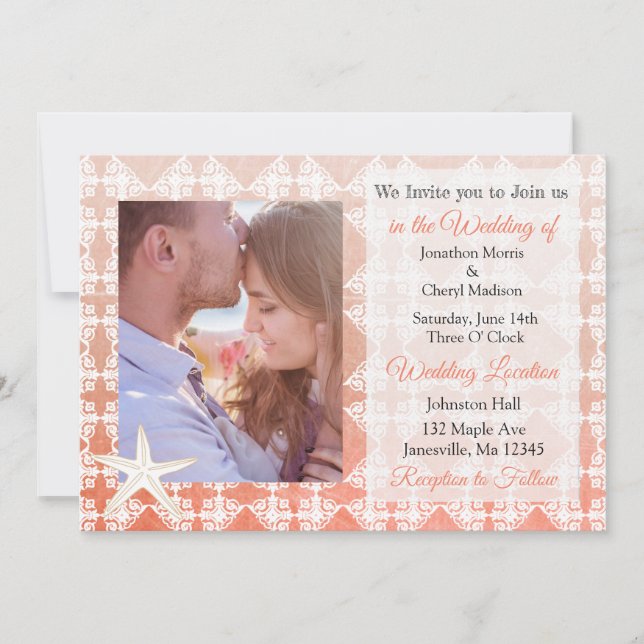 Coral Starfish Damask Beach Photo Wedding Invites (Front)