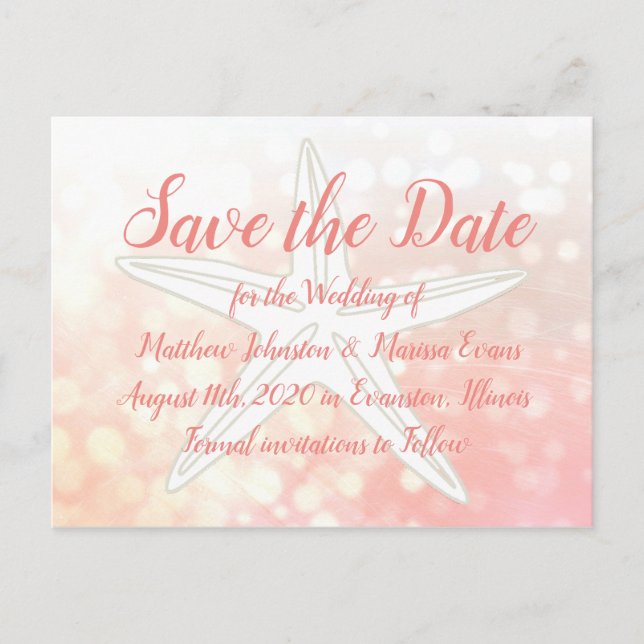 Coral Starfish Personalized Save the Date Postcard (Front)