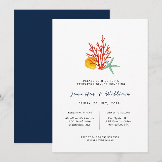 Coral & starfish Rehearsal Dinner Invitation (Front/Back)