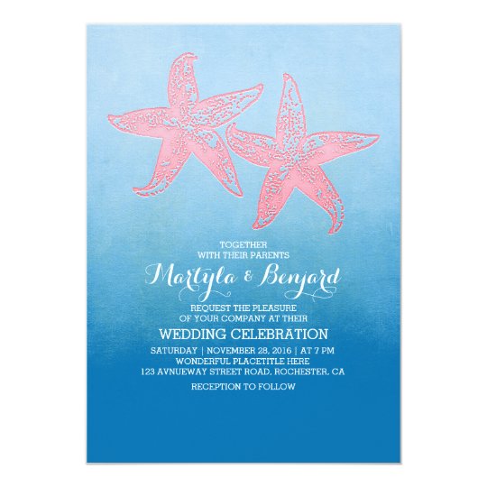 coral starfish & watercolor ombre blue wedding card