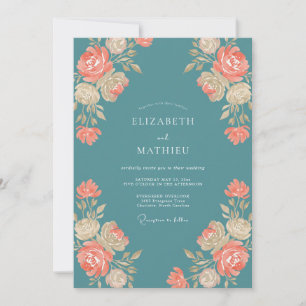 Coral Steel Blossom Wedding Invitation