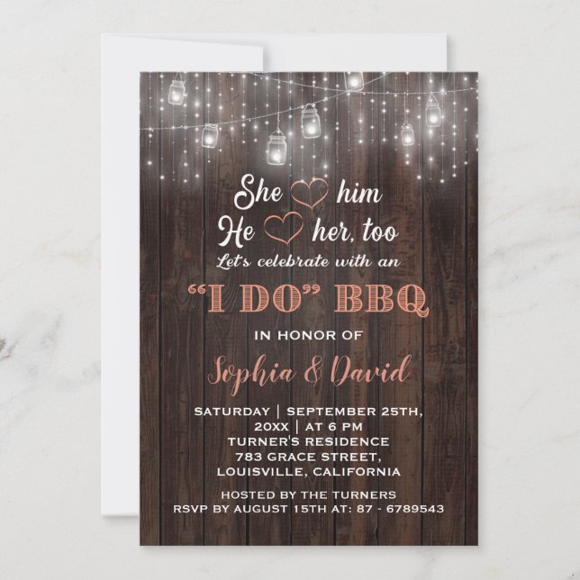 Coral String Lights Barn I DO BBQ Rehearsal Dinner Invitation (Front)