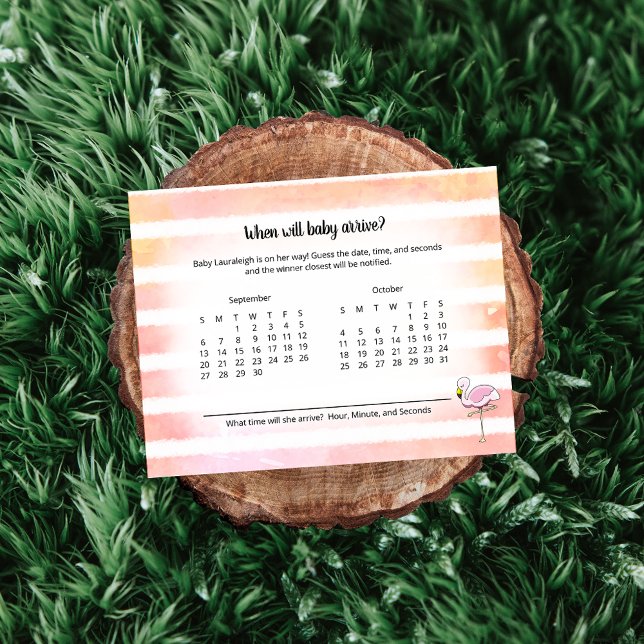 Coral Stripe Flamingo Baby Arrival Prediction Game Enclosure Card (Creator Uploaded)