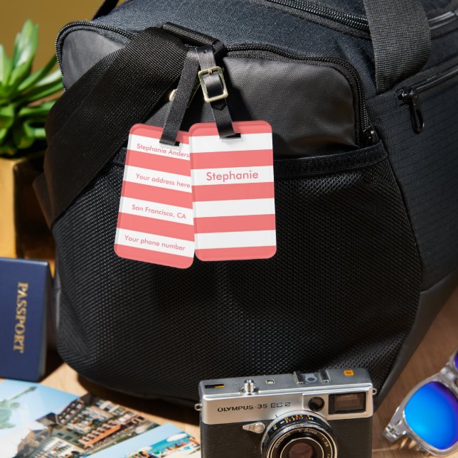 Coral Stripe Luggage Tag (Front & Back)