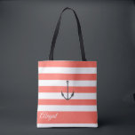 Coral Stripe Nautical Anchor Personalized Tote Bag<br><div class="desc">Nautical anchor on living coral and white stripe background,  personalized bridal party tote bag. Personalize text,  font style,  colour and size. Stripes shown in living coral can be customized to your choice of colour.</div>