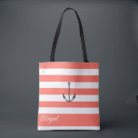 Coral Stripe Nautical Anchor Personalized Tote Bag<br><div class="desc">Nautical anchor on living coral and white stripe background,  personalized bridal party tote bag. Personalize text,  font style,  colour and size. Stripes shown in living coral can be customized to your choice of colour.</div>