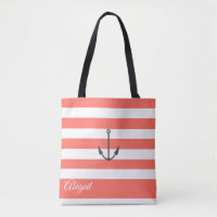 Coral Stripe Nautical Anchor Personalized Tote Bag