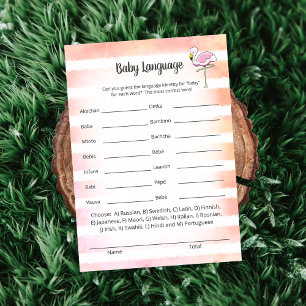Coral Striped Flamingo Baby Language Shower Game Invitation