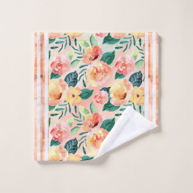 Coral Striped Floral Bath Towel Set (Wash Cloth)