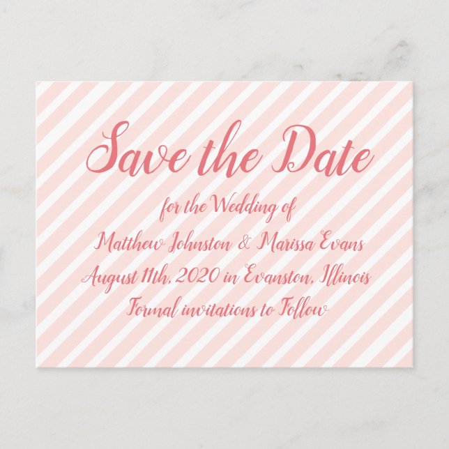 Coral Striped Personalized Save the Date Postcard (Front)