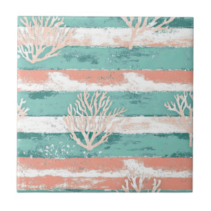 Coral Stripes Coastal Watercolor Pattern (4) Tile