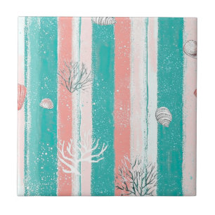 Coral Stripes Coastal Watercolor Pattern (5) Tile