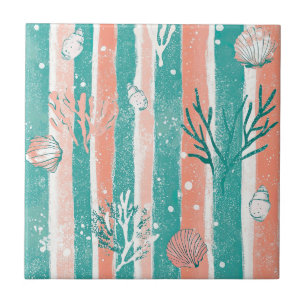 Coral Stripes Coastal Watercolor Pattern (6) Tile