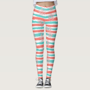 Coral Stripes Coastal Watercolor Pattern Leggings