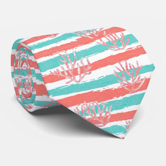 Coral Stripes Coastal Watercolor Pattern Tie (Rolled)