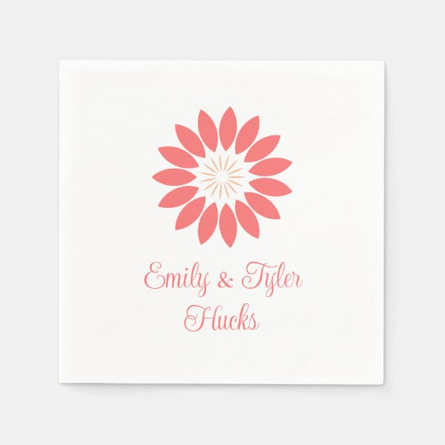 Coral Stylized Sunflower with Custom Text Wedding Napkin (Front)