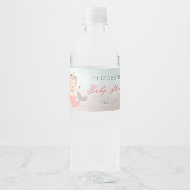 Coral Sweet Little Mermaid Sea Girl Baby Shower Water Bottle Label (Front)