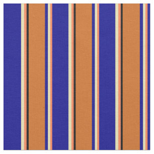 Coral, Tan, Dark Blue, Chocolate & Black Stripes Fabric