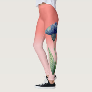 Coral Tea Rose Gradient with Blue Flower Leggings