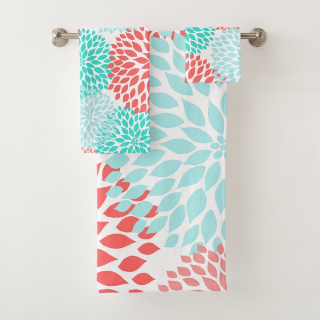 Coral Teal Aqua dahlia floral bath decor Towel Set (Insitu)