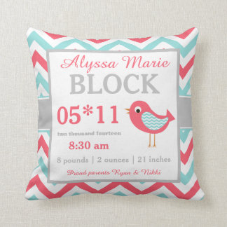 Coral Teal Bird Baby Announcement Pillow