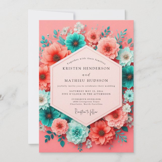Coral Teal Bloom Whimsy Wedding Invitation (Front)